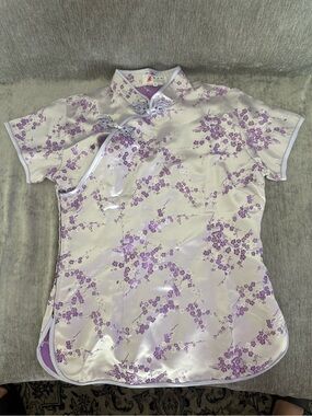 Silk-Feel Lavender Floral Qipao Top